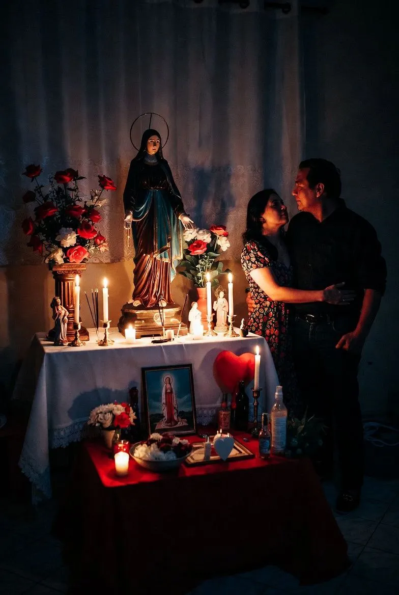 Pareja reunida gracias a amarre de amor efectivo frente a altar